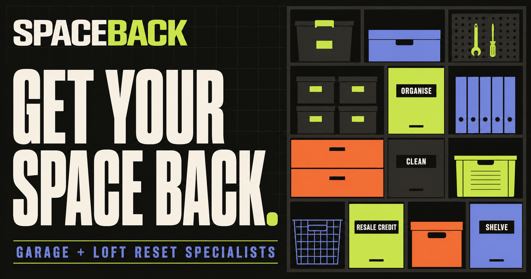 Organised shelving with labelled storage for tools, cleaning, resale and household items